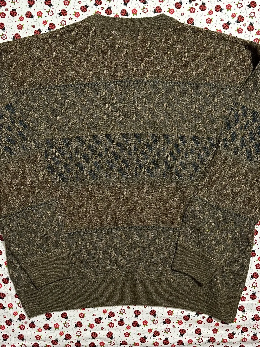 Vintage 90s Towncraft Textured Knit Grandpa Sweater Men XL Olive Brown Geometric